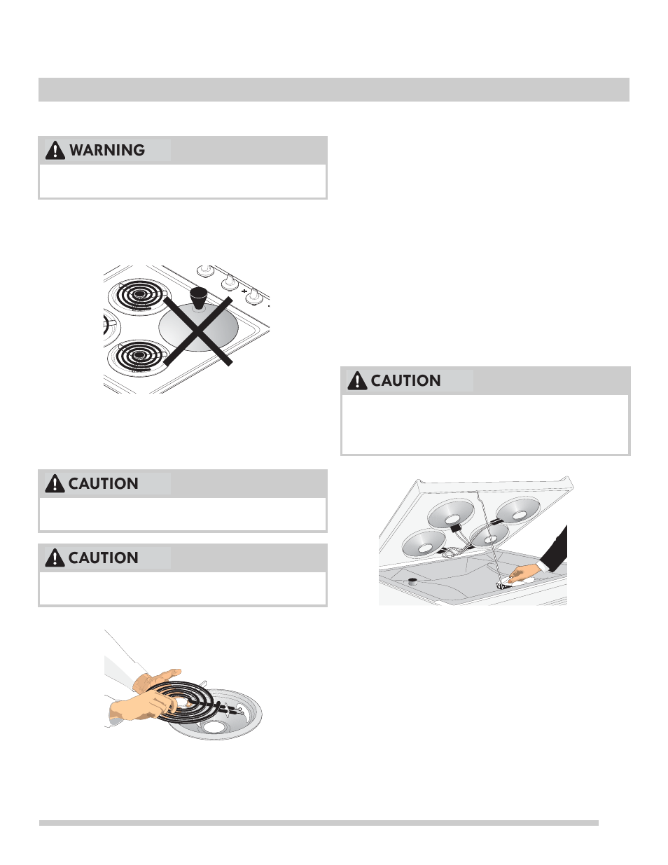 21 care and cleaning, Warning caution caution, Caution | Coil elements cooktop cleaning and maintenance | FRIGIDAIRE FFES3015PS User Manual | Page 21 / 32