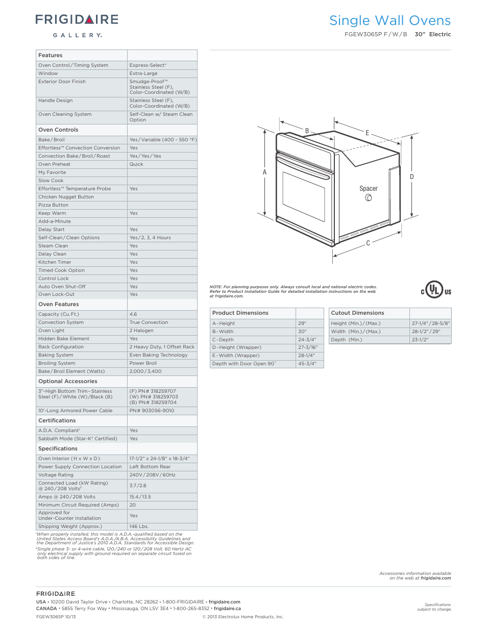 Single electric wall ovens frigidaire baseline, Single wall ovens | FRIGIDAIRE FGEW3065PF User Manual | Page 2 / 7