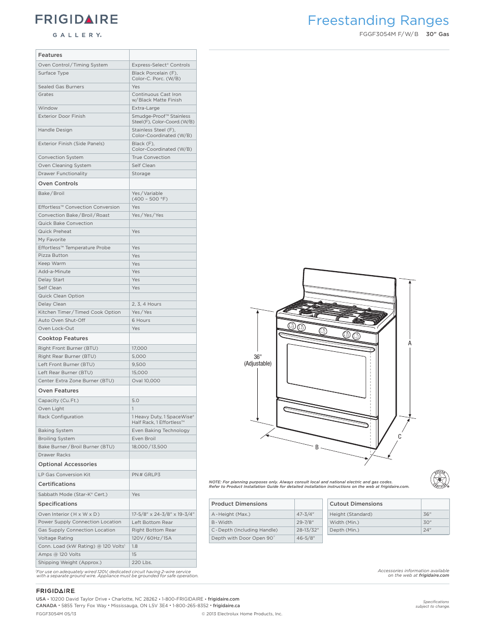 30" gas freestanding ranges frigidaire baseline, Freestanding ranges | FRIGIDAIRE FGGF3054MB User Manual | Page 2 / 7