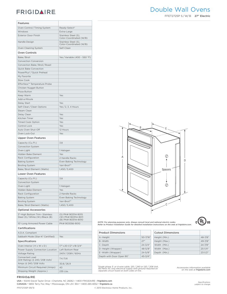 Double electric wall ovens frigidaire baseline, Double wall ovens | FRIGIDAIRE FFET2725PW User Manual | Page 2 / 7