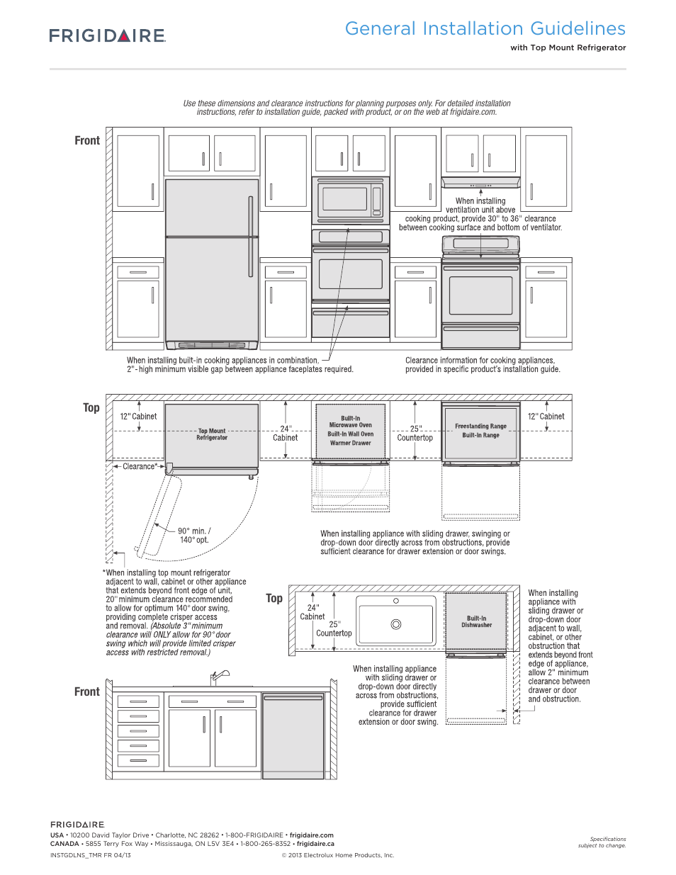 General installation guidelines, Front top front top | FRIGIDAIRE FFET2725PW User Manual | Page 5 / 7