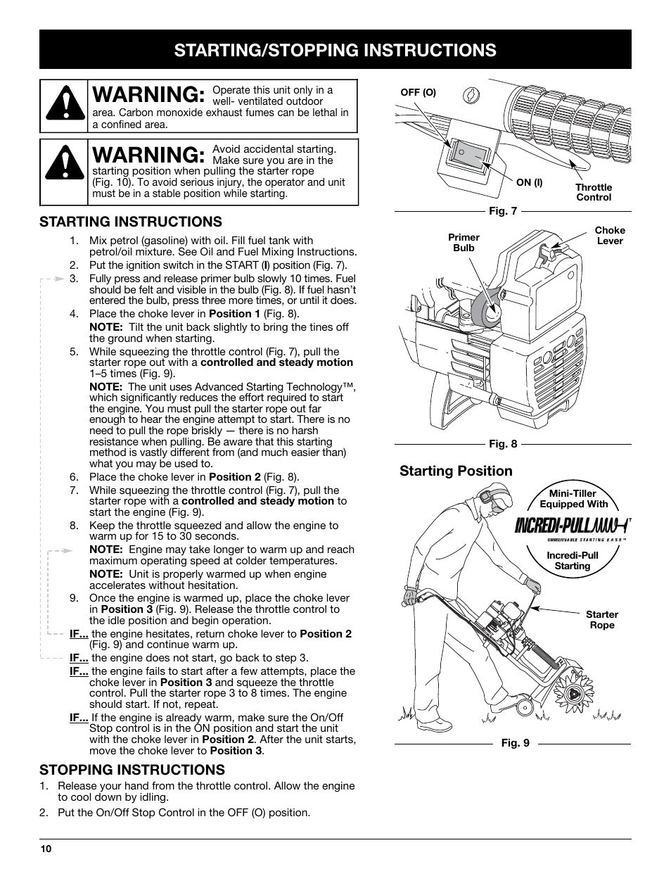 Warning, Starting/stopping instructions, Starting instructions stopping instructions | Starting position | Craftsman 316.292620 User Manual | Page 10 / 40