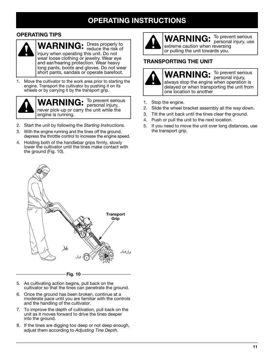 Warning, Operating instructions | Craftsman 316.292620 User Manual | Page 11 / 40