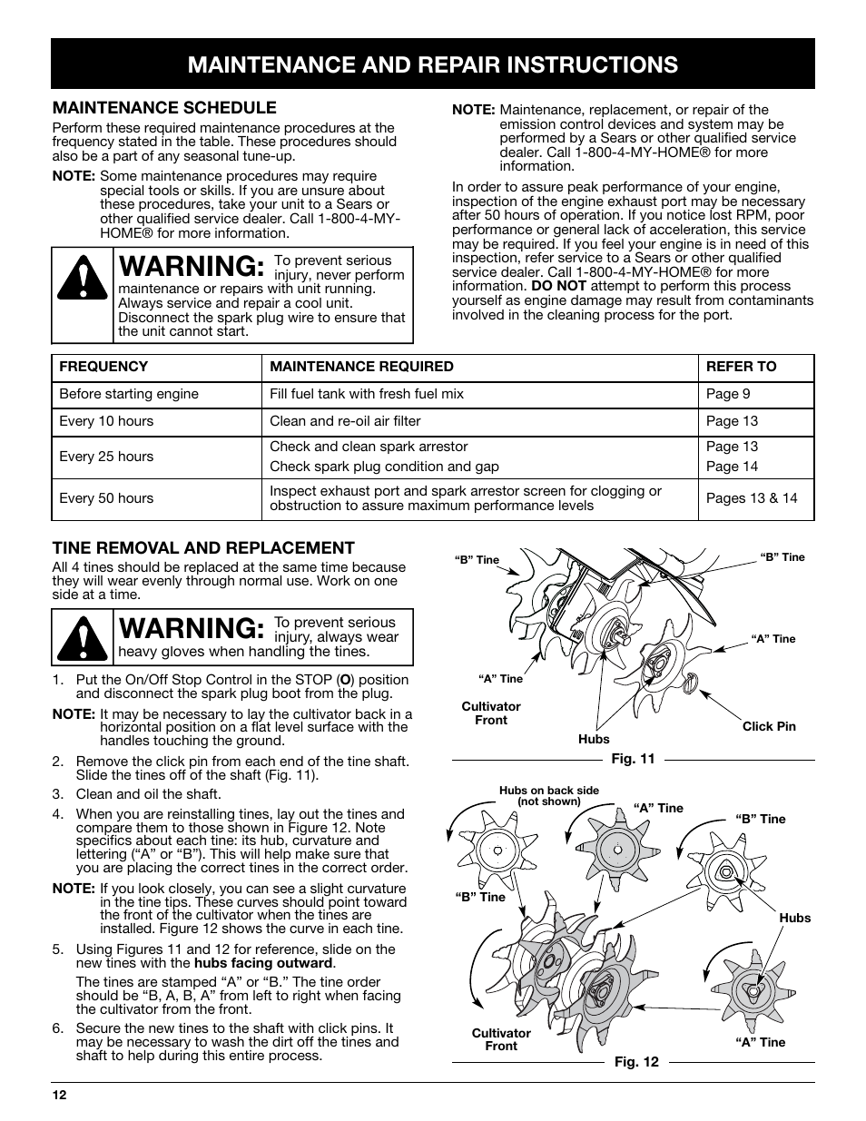 Warning, Maintenance and repair instructions | Craftsman 316.292620 User Manual | Page 12 / 40