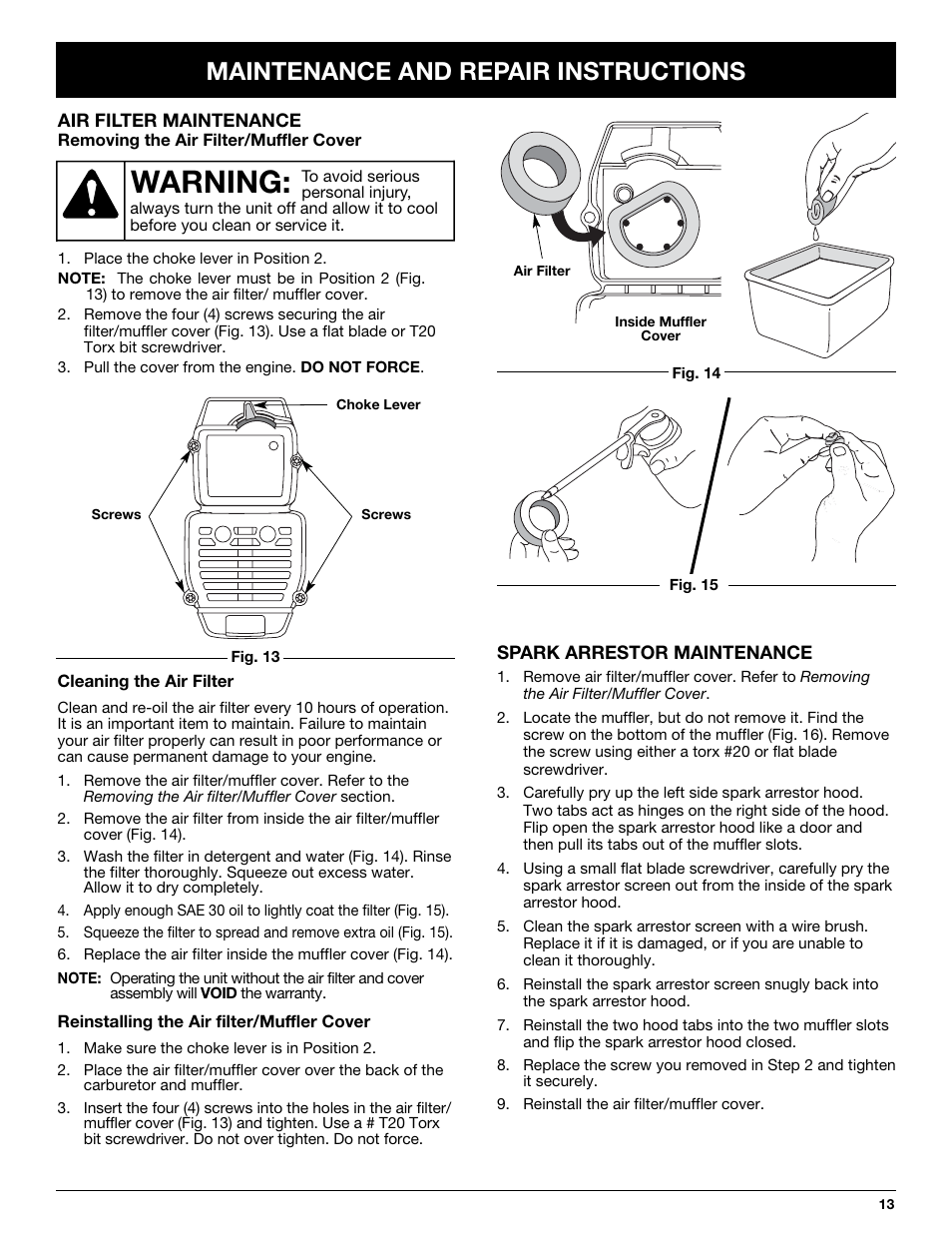 Warning, Maintenance and repair instructions | Craftsman 316.292620 User Manual | Page 13 / 40