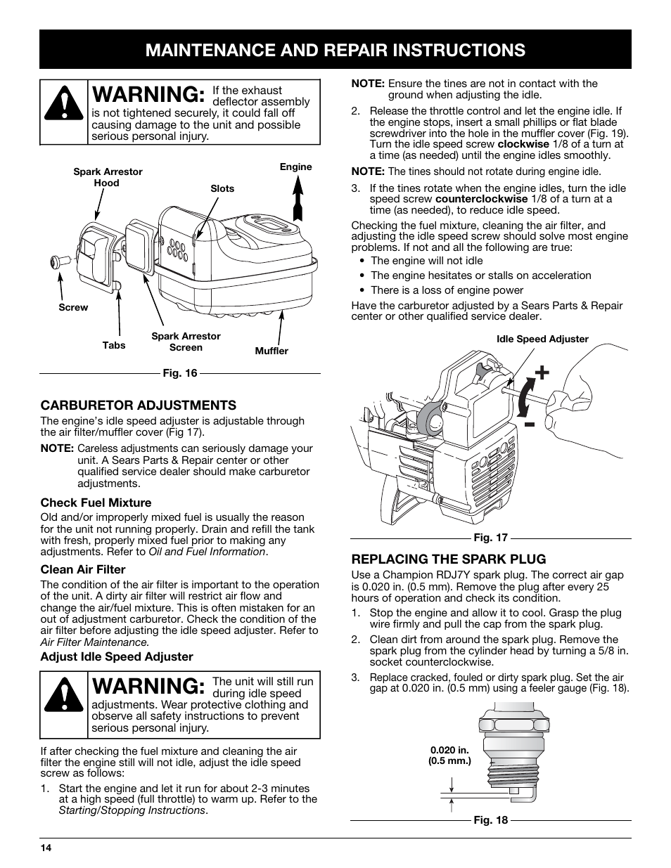 Warning, Maintenance and repair instructions | Craftsman 316.292620 User Manual | Page 14 / 40