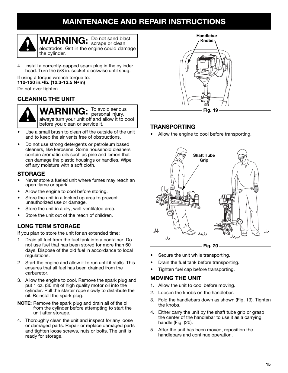 Warning, Maintenance and repair instructions | Craftsman 316.292620 User Manual | Page 15 / 40