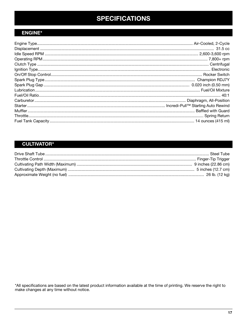 Specifications | Craftsman 316.292620 User Manual | Page 17 / 40