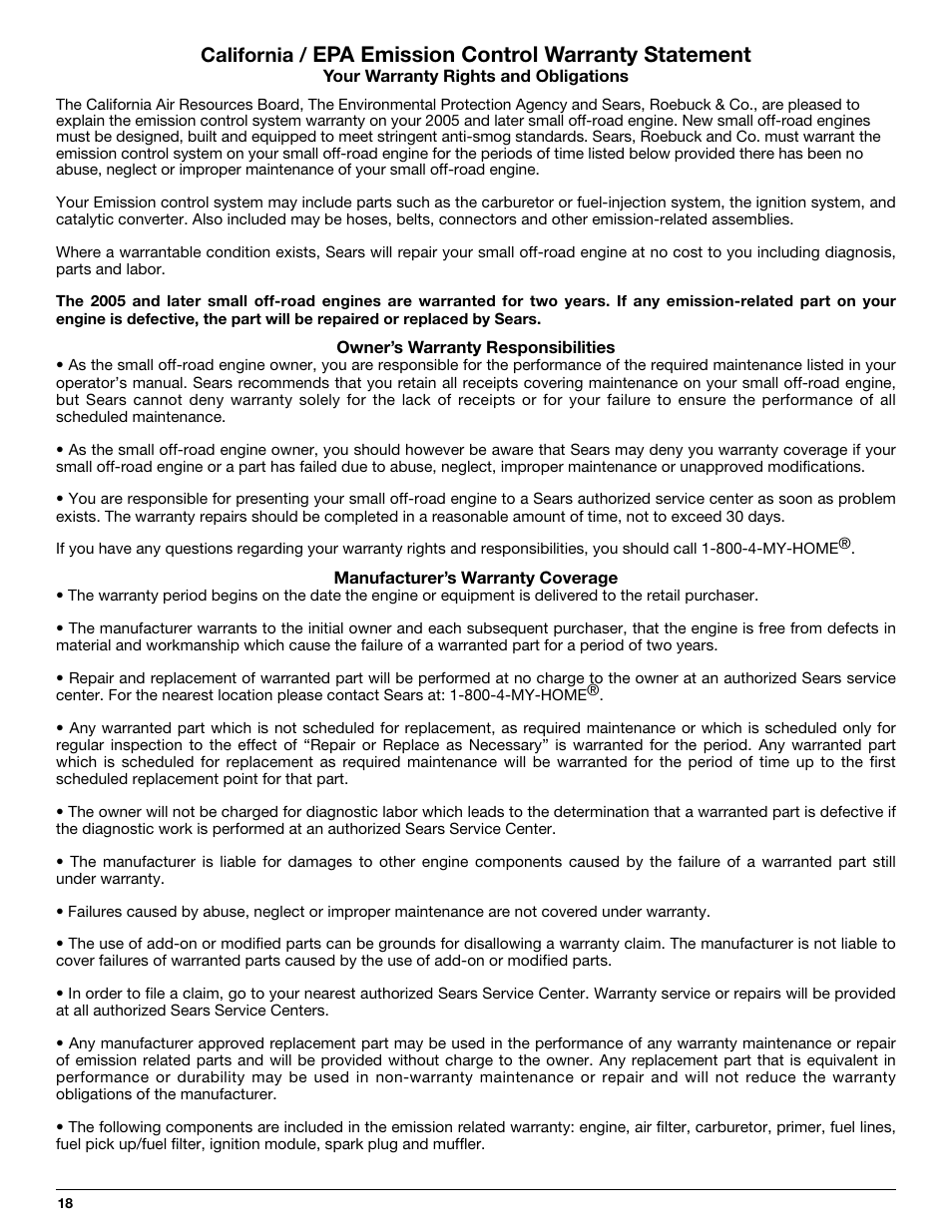 Epa emission control warranty statement, California | Craftsman 316.292620 User Manual | Page 18 / 40