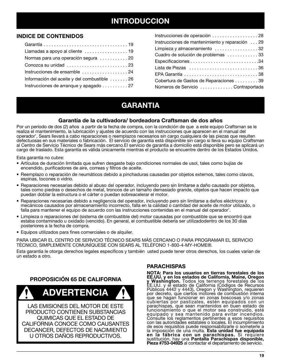 Advertencia, Introduccion, Garantia | Craftsman 316.292620 User Manual | Page 19 / 40