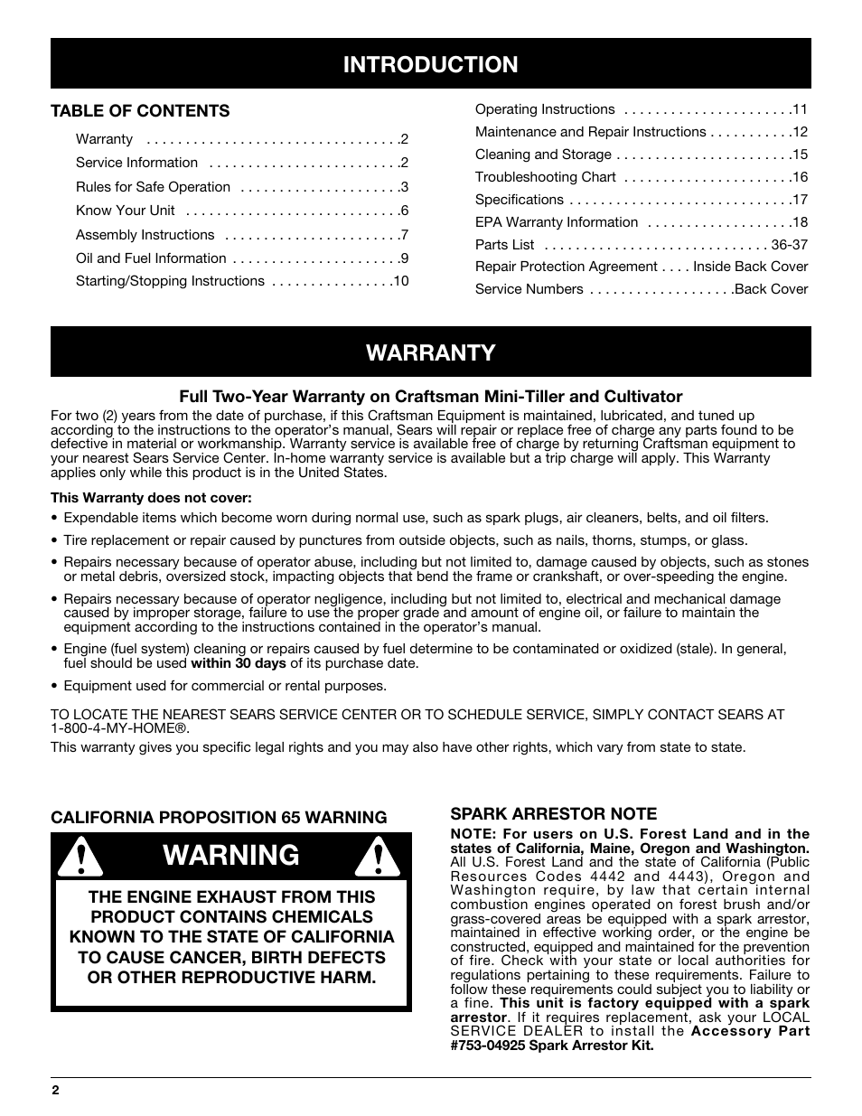 Warning, Introduction, Warranty | Craftsman 316.292620 User Manual | Page 2 / 40