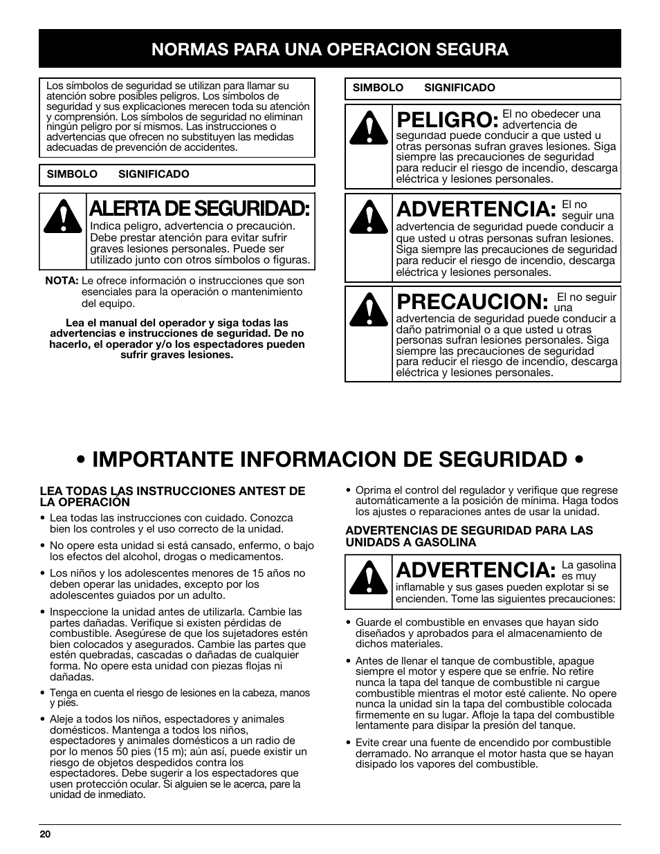 Importante informacion de seguridad, Advertencia, Peligro | Precaucion, Alerta de seguridad, Normas para una operacion segura | Craftsman 316.292620 User Manual | Page 20 / 40