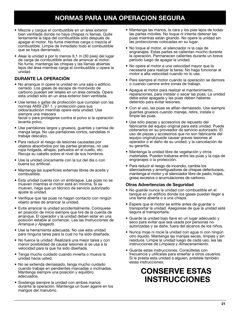 Conserve estas instrucciones, Normas para una operacion segura | Craftsman 316.292620 User Manual | Page 21 / 40