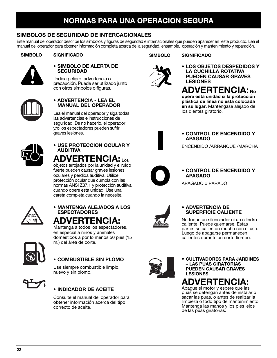 Advertencia, Normas para una operacion segura | Craftsman 316.292620 User Manual | Page 22 / 40