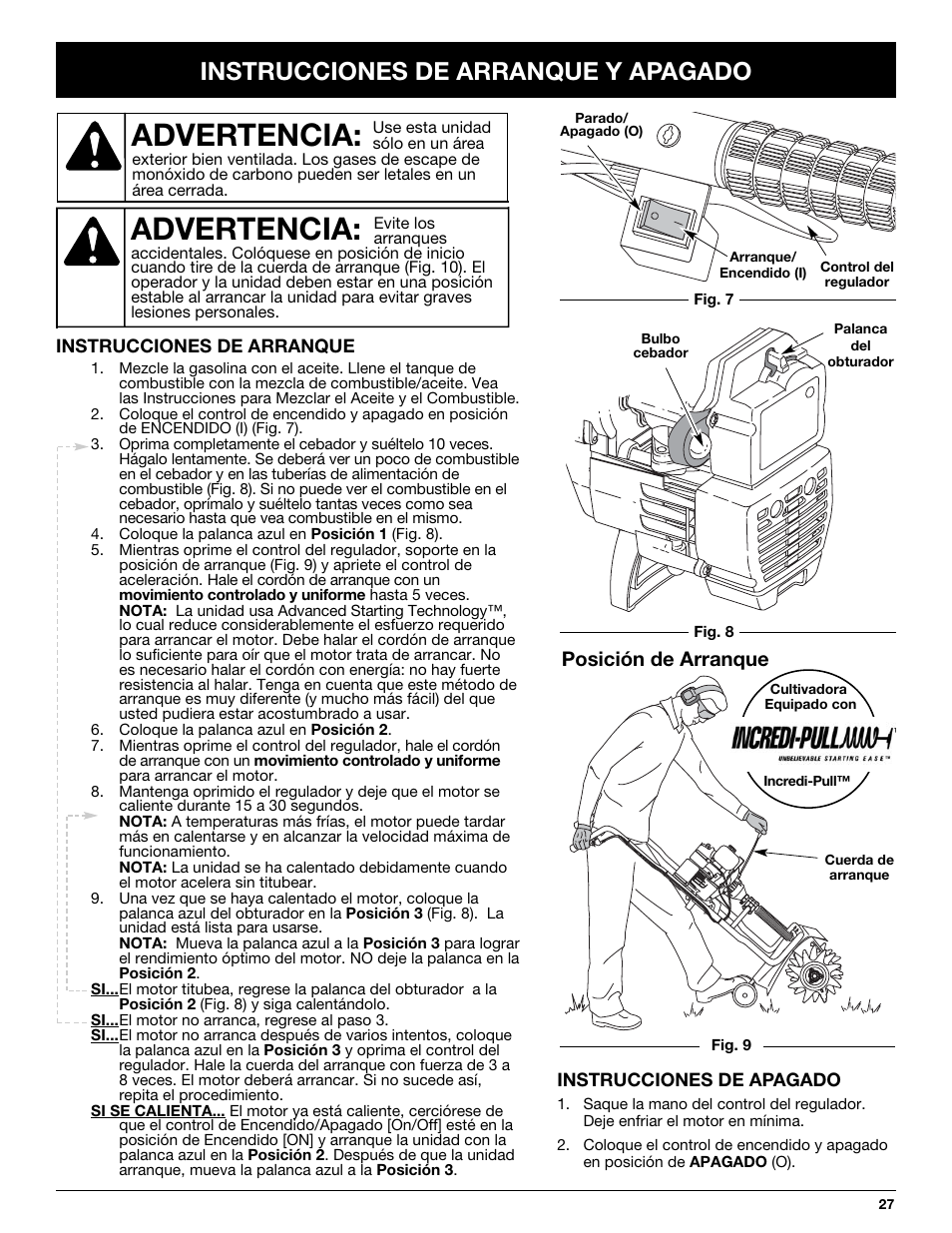 Advertencia, Instrucciones de arranque y apagado, Posición de arranque | Craftsman 316.292620 User Manual | Page 27 / 40