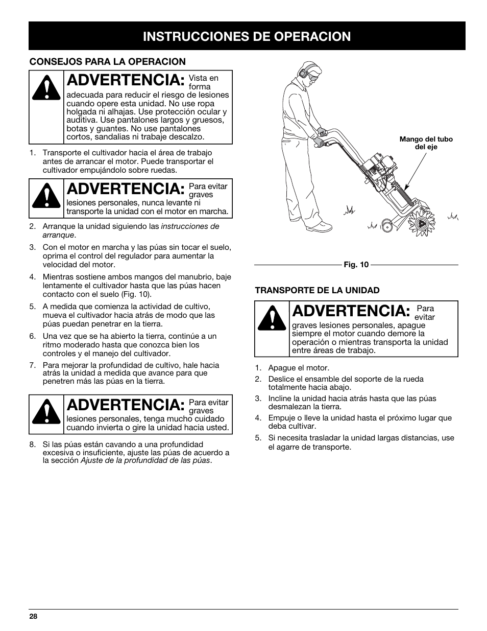 Advertencia, Instrucciones de operacion | Craftsman 316.292620 User Manual | Page 28 / 40