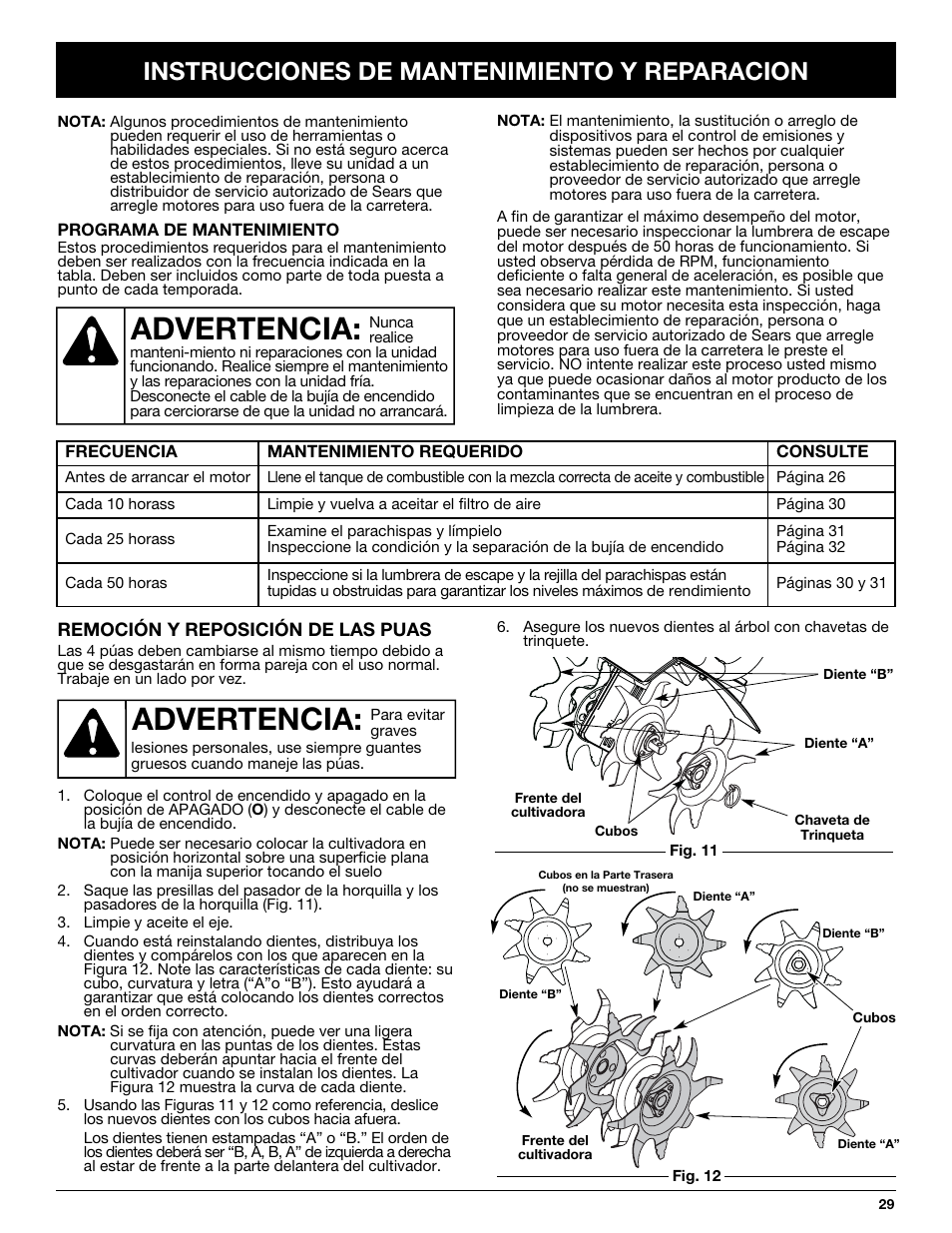 Advertencia, Instrucciones de mantenimiento y reparacion | Craftsman 316.292620 User Manual | Page 29 / 40