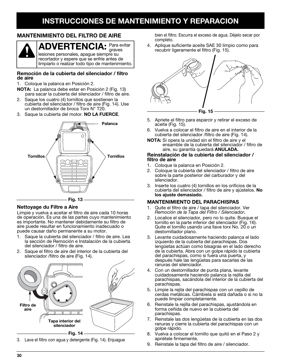 Advertencia, Instrucciones de mantenimiento y reparacion | Craftsman 316.292620 User Manual | Page 30 / 40
