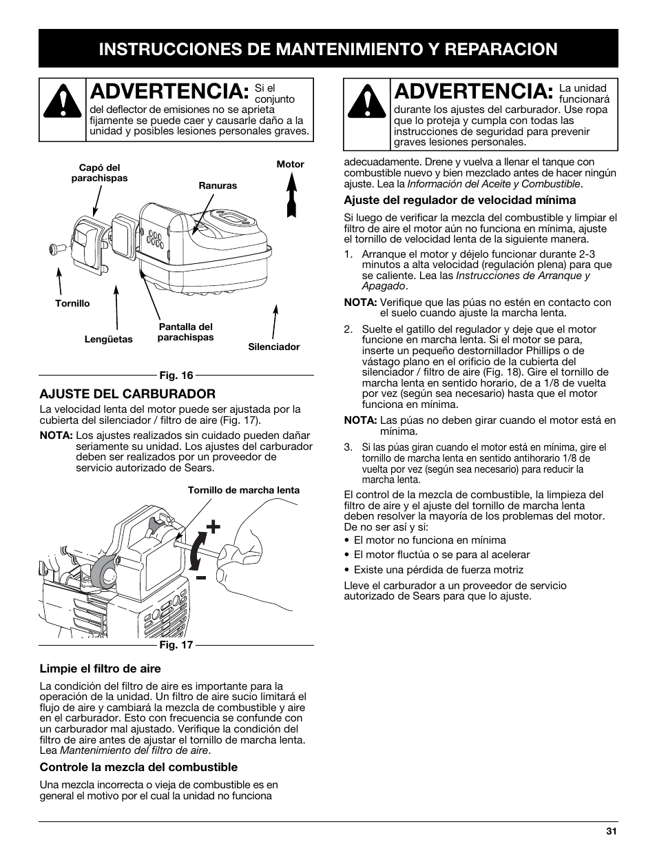 Advertencia, Instrucciones de mantenimiento y reparacion | Craftsman 316.292620 User Manual | Page 31 / 40