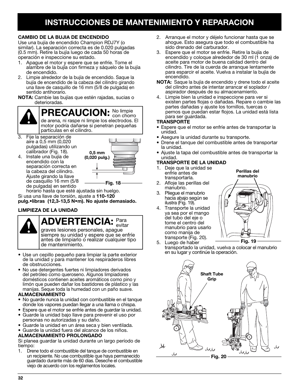 Advertencia, Precaucion, Instrucciones de mantenimiento y reparacion | Craftsman 316.292620 User Manual | Page 32 / 40