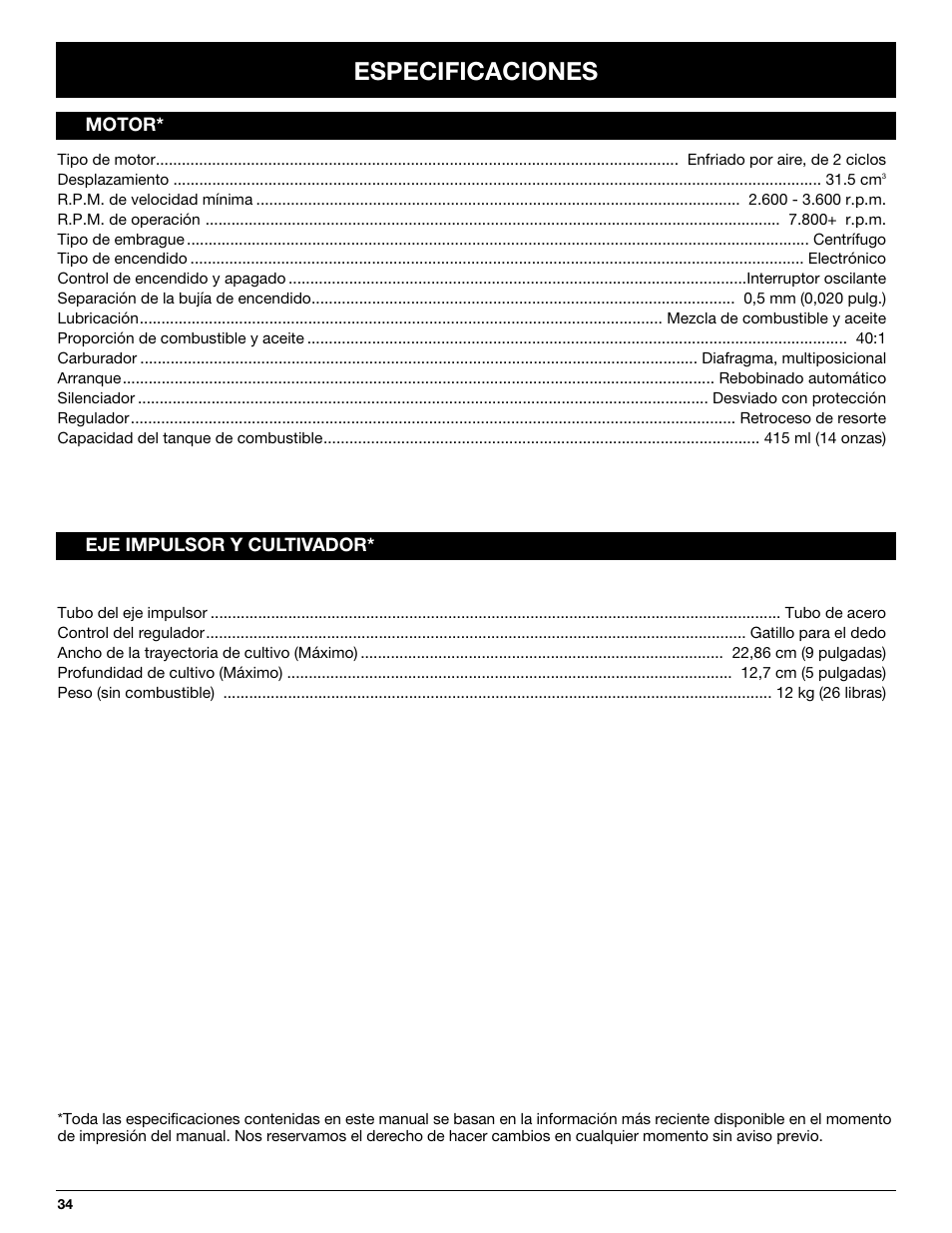 Especificaciones | Craftsman 316.292620 User Manual | Page 34 / 40