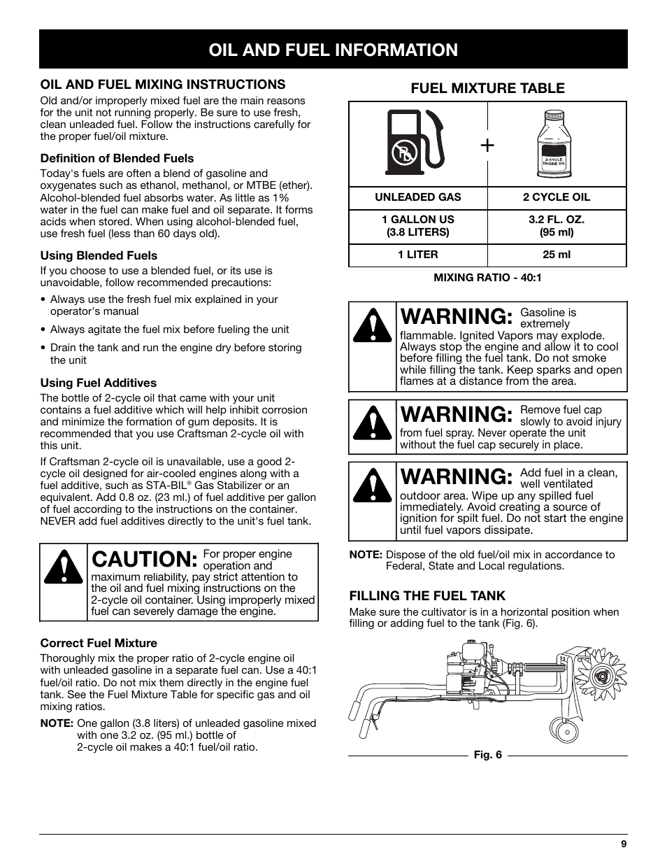 Warning, Caution, Oil and fuel information | Craftsman 316.292620 User Manual | Page 9 / 40