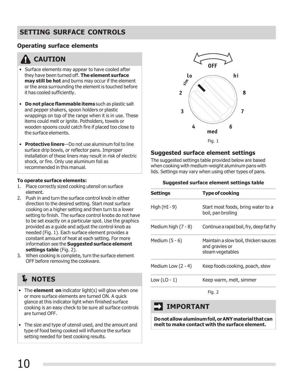 Setting surface controls, Caution | FRIGIDAIRE FFEF3015PB User Manual | Page 10 / 24