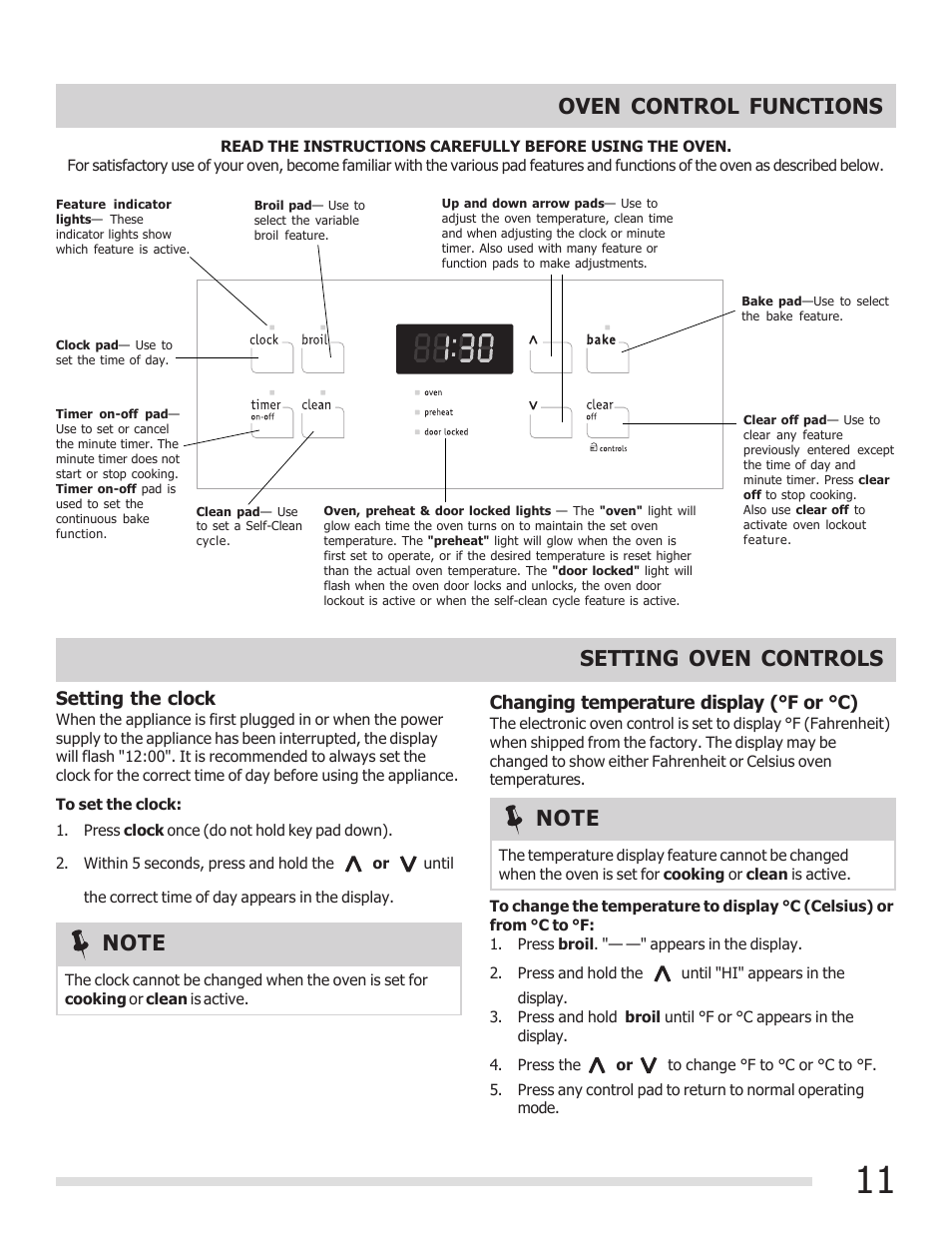 Oven control functions, Setting oven controls, Changing temperature display (°f or °c) | Setting the clock | FRIGIDAIRE FFEF3015PB User Manual | Page 11 / 24