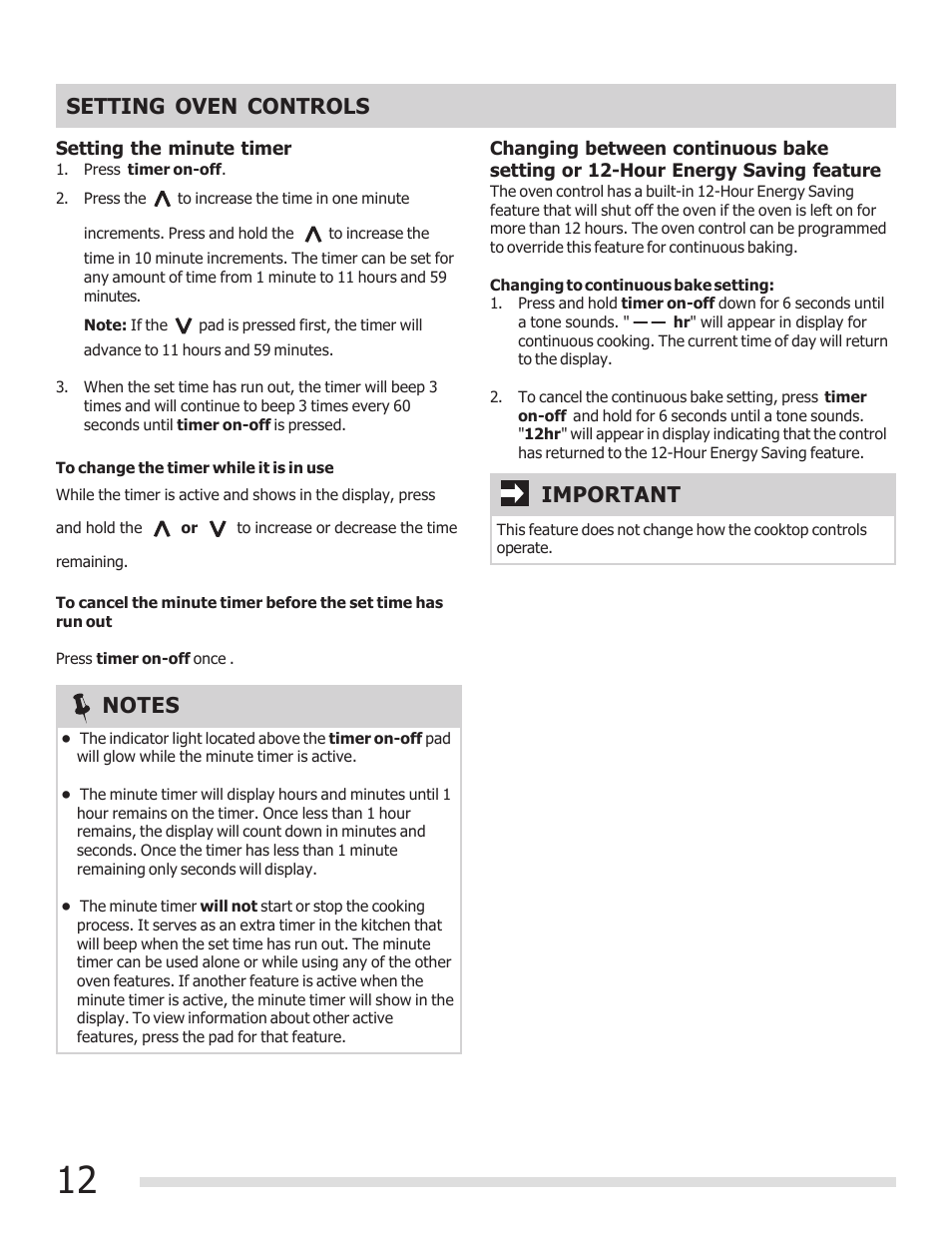Setting oven controls, Important | FRIGIDAIRE FFEF3015PB User Manual | Page 12 / 24
