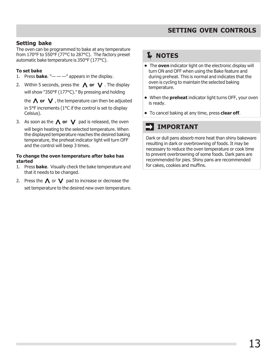 Setting oven controls, Important | FRIGIDAIRE FFEF3015PB User Manual | Page 13 / 24
