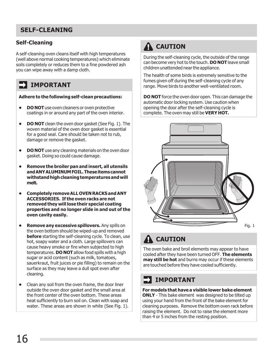 Self-cleaning, Caution, Caution important | Important | FRIGIDAIRE FFEF3015PB User Manual | Page 16 / 24