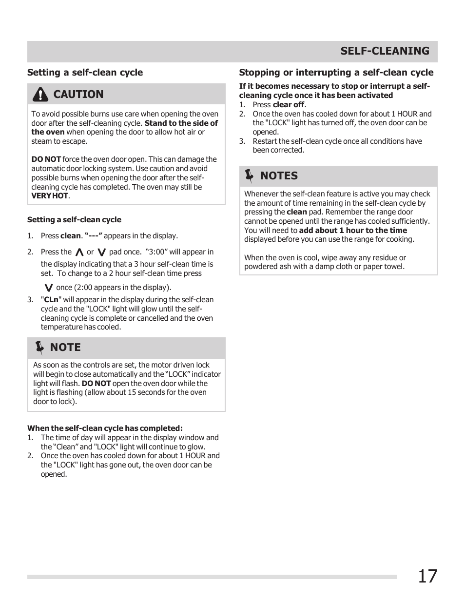 Caution, Self-cleaning | FRIGIDAIRE FFEF3015PB User Manual | Page 17 / 24