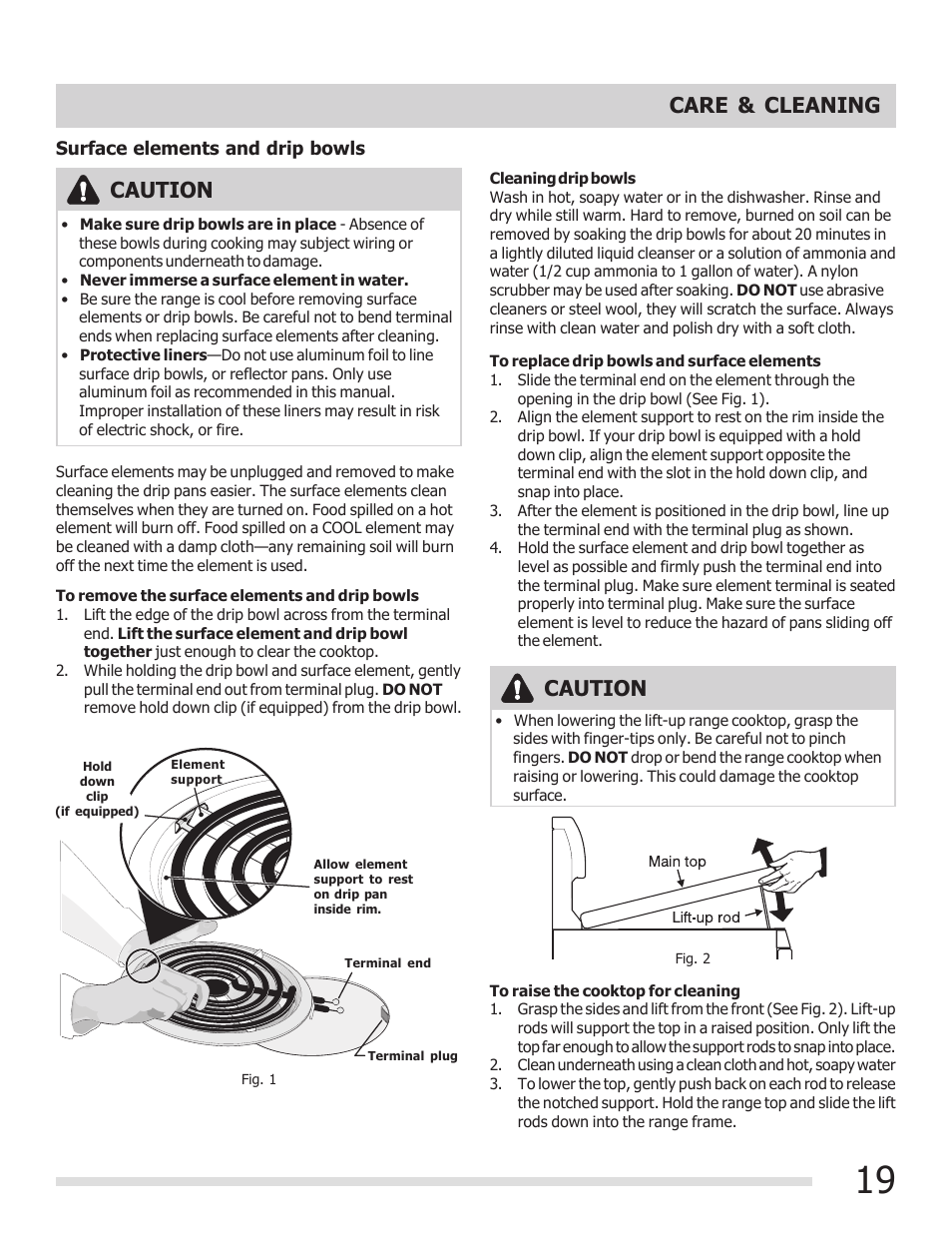 Caution, Care & cleaning | FRIGIDAIRE FFEF3015PB User Manual | Page 19 / 24