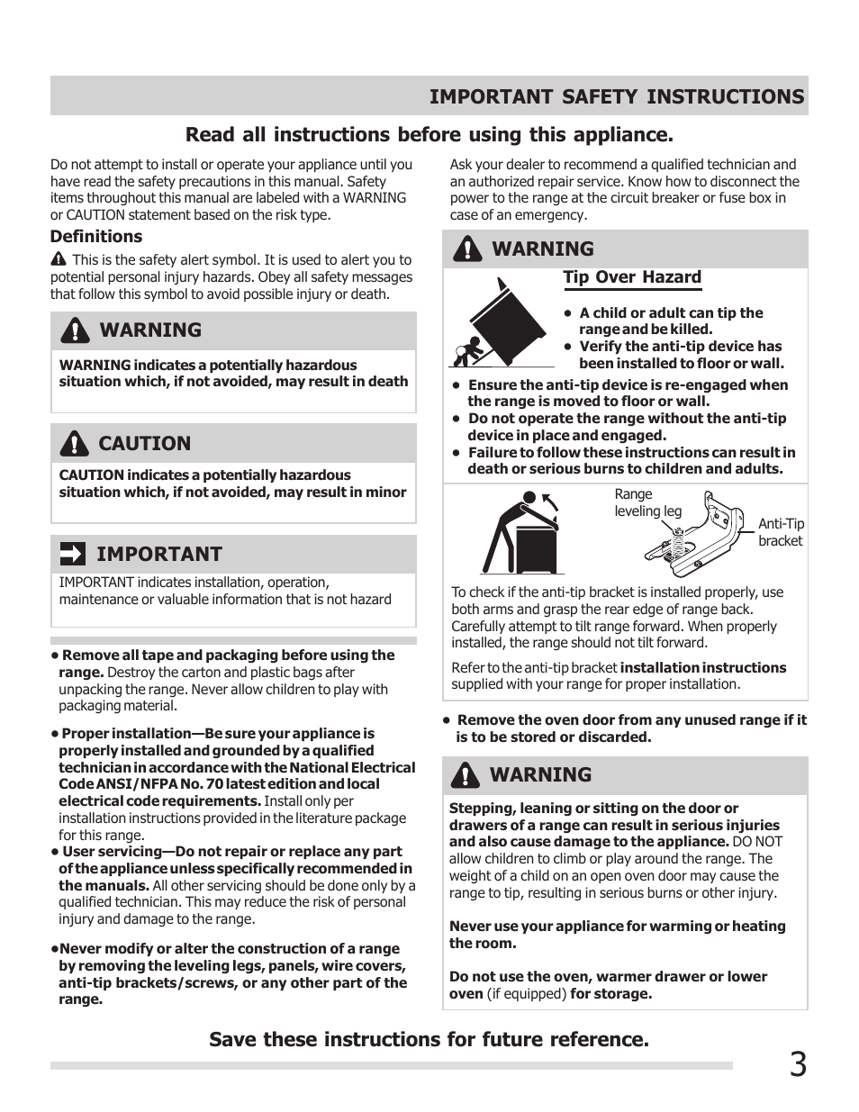 Read all instructions before using this appliance, Warning, Warning important | Caution | FRIGIDAIRE FFEF3015PB User Manual | Page 3 / 24