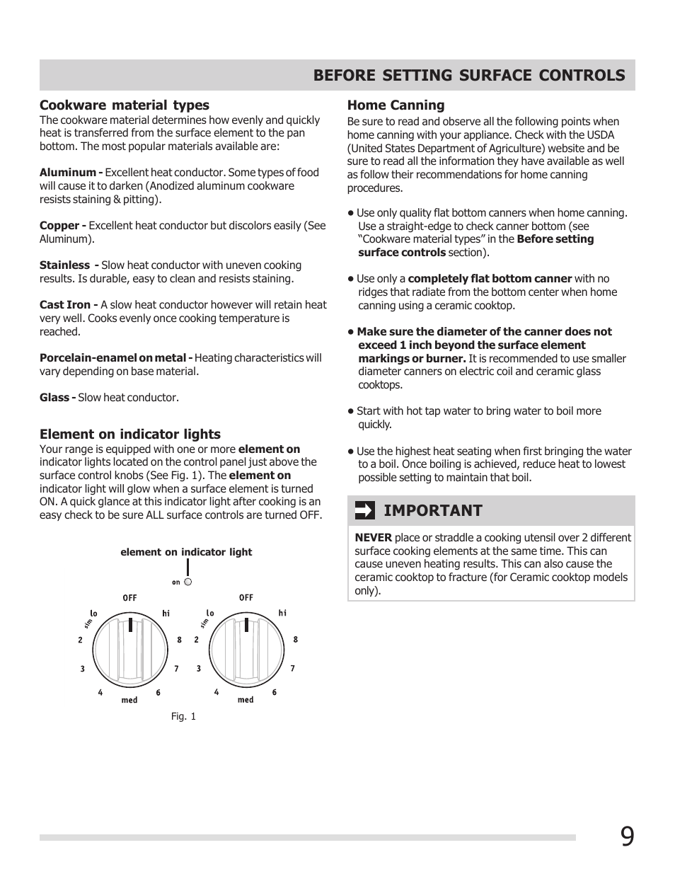 Before setting surface controls, Important | FRIGIDAIRE FFEF3015PB User Manual | Page 9 / 24