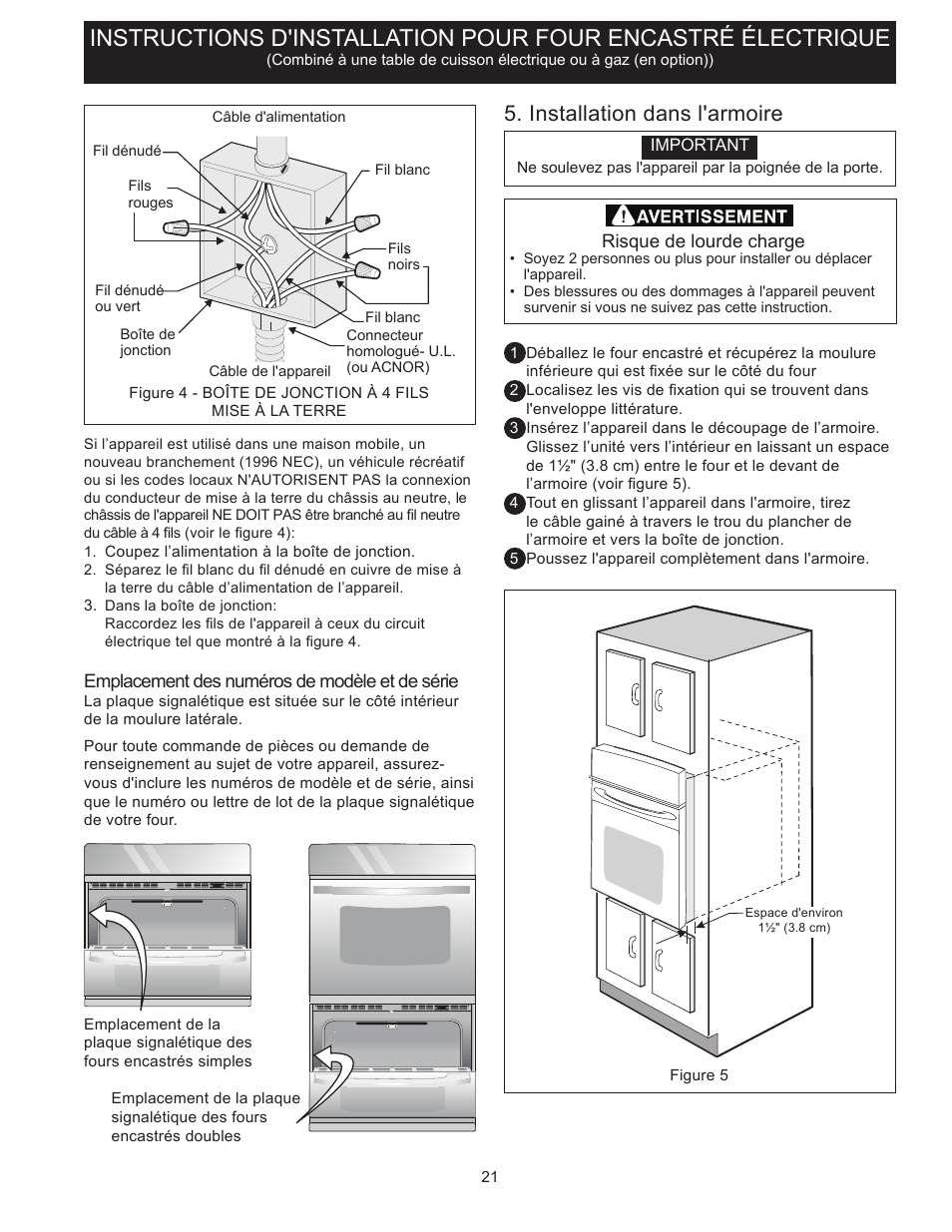 Installation dans l'armoire | FRIGIDAIRE FFET2725PS User Manual | Page 21 / 24