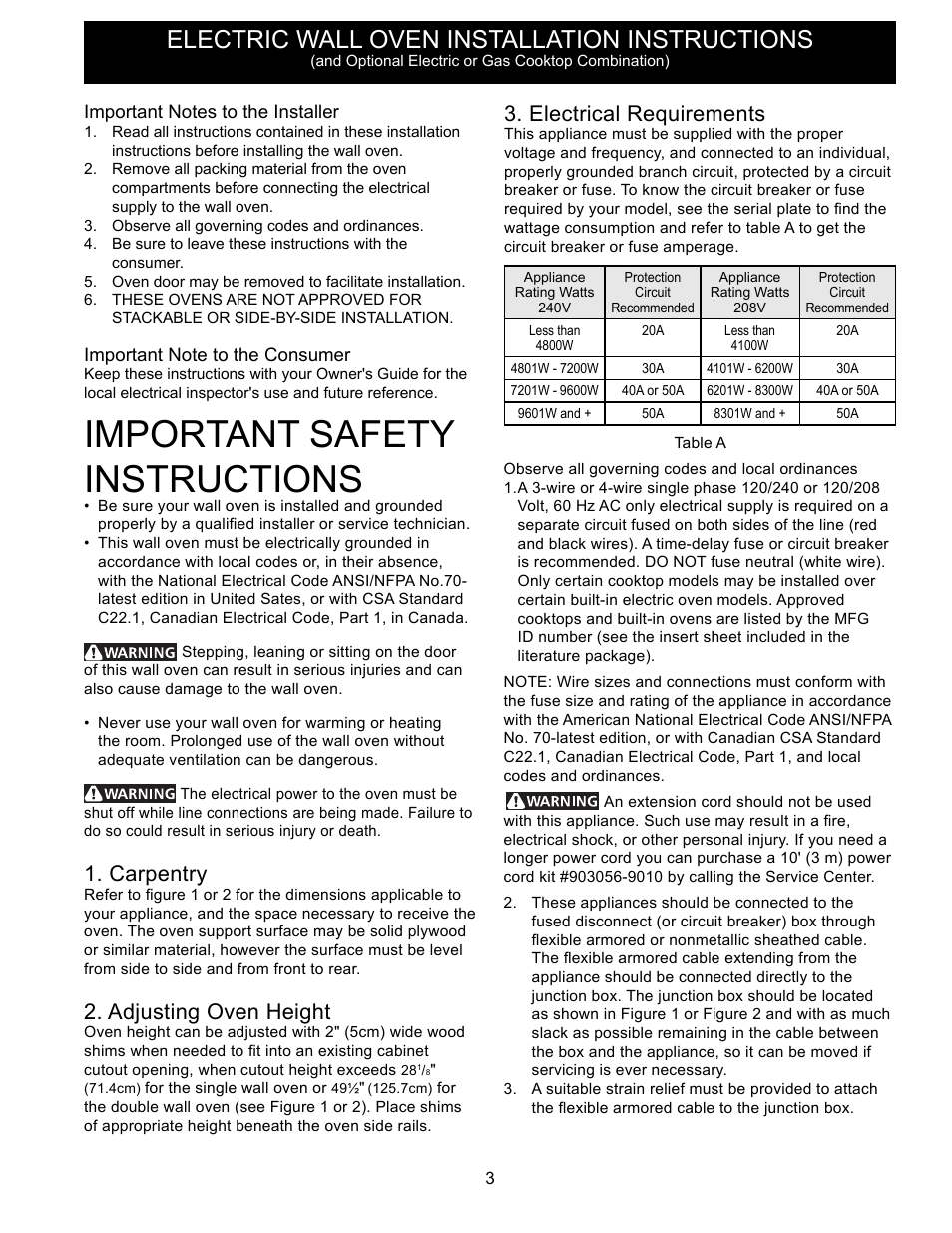 Important safety instructions, Electric wall oven installation instructions, Carpentry | Adjusting oven height, Electrical requirements | FRIGIDAIRE FFET2725PS User Manual | Page 3 / 24