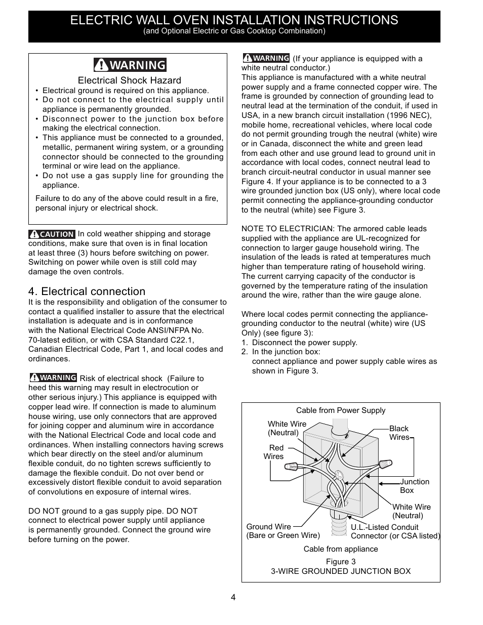 Electric wall oven installation instructions, Electrical connection | FRIGIDAIRE FFET2725PS User Manual | Page 4 / 24