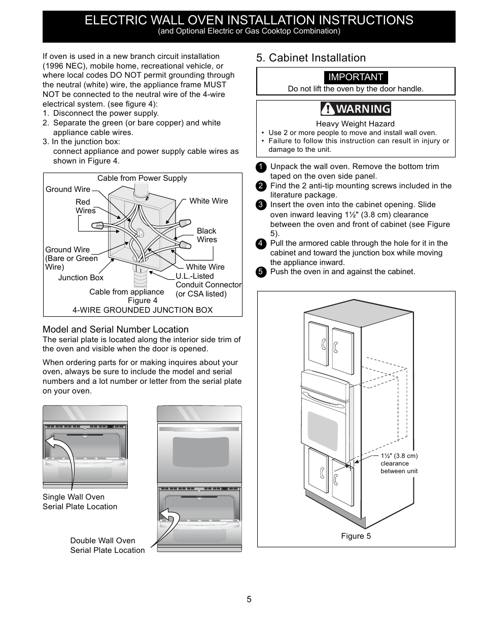 Electric wall oven installation instructions, Cabinet installation | FRIGIDAIRE FFET2725PS User Manual | Page 5 / 24