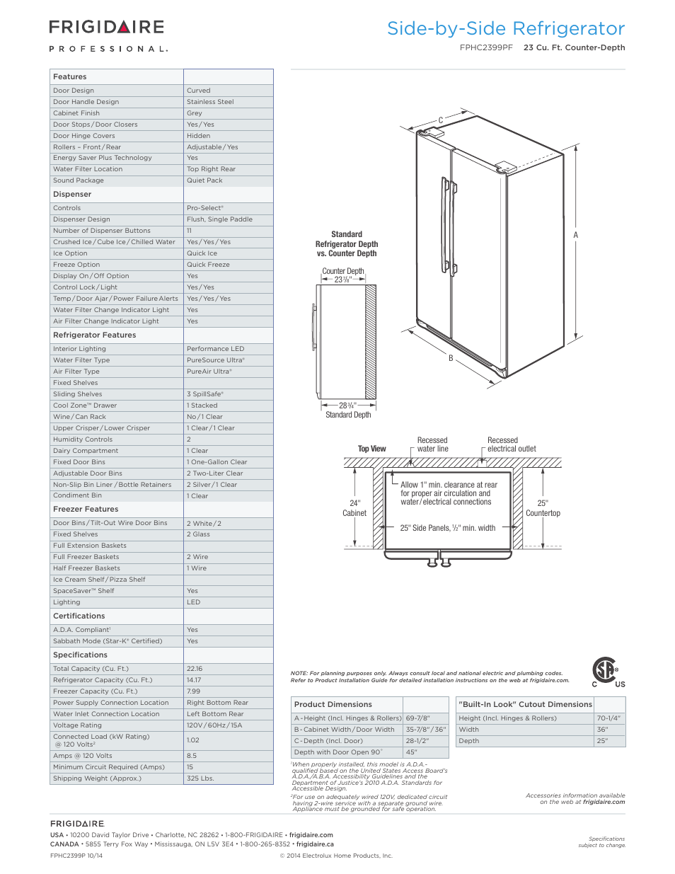 Side-by-side refrigerator | FRIGIDAIRE FPHC2399PF User Manual | Page 2 / 4