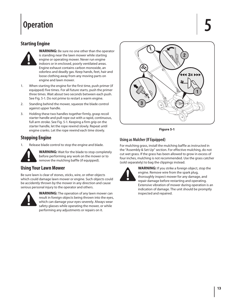 Operation, Starting engine, Stopping engine | Using your lawn mower | MTD Series 080 User Manual | Page 13 / 40