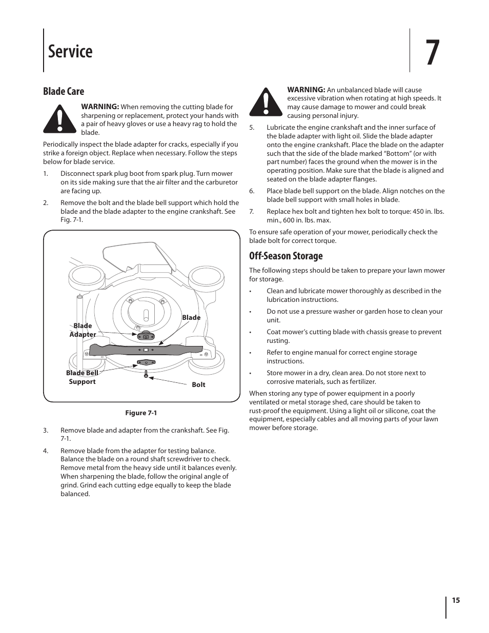 Service, Off-season storage, Blade care | MTD Series 080 User Manual | Page 15 / 40
