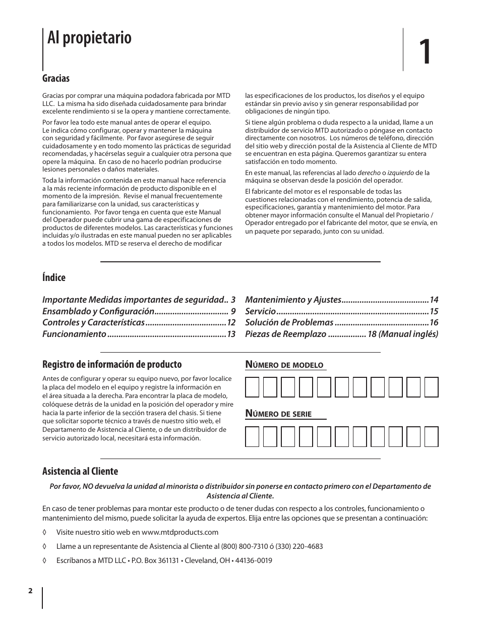 Al propietario, Asistencia al cliente, Gracias índice n | Registro de información de producto | MTD Series 080 User Manual | Page 22 / 40