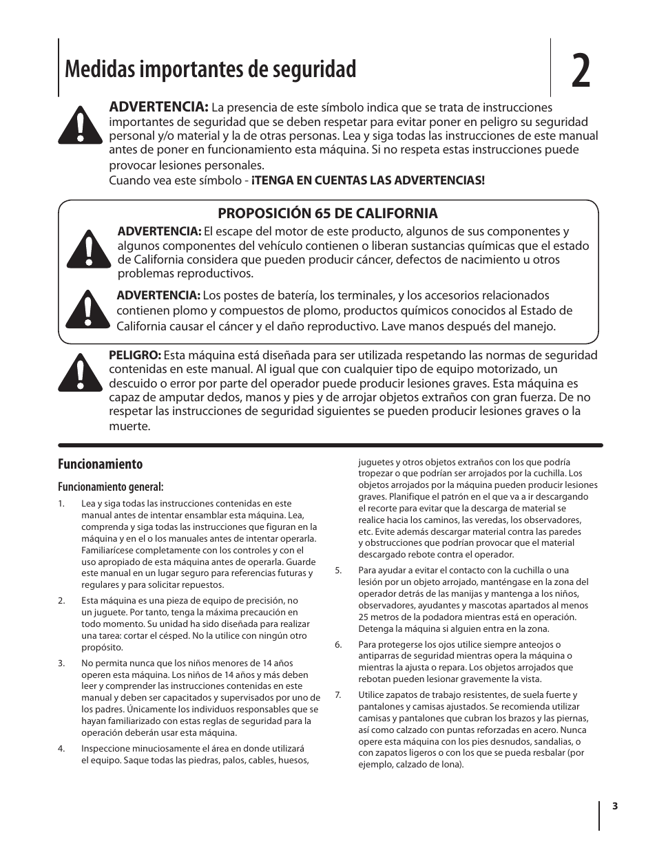 Medidas importantes de seguridad, Advertencia, Funcionamiento | Proposición 65 de california | MTD Series 080 User Manual | Page 23 / 40