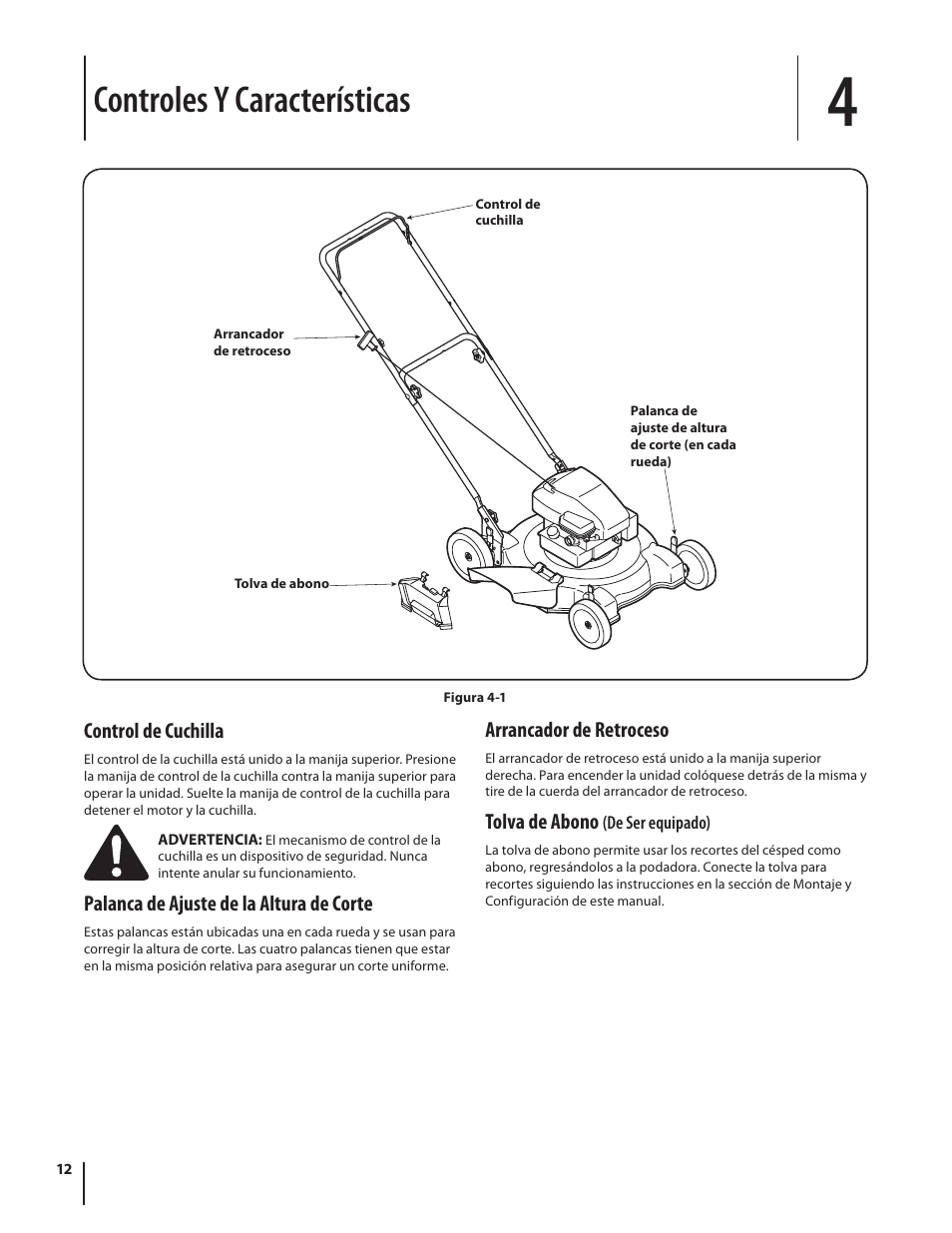 Controles y características, Control de cuchilla, Palanca de ajuste de la altura de corte | Arrancador de retroceso, Tolva de abono | MTD Series 080 User Manual | Page 32 / 40