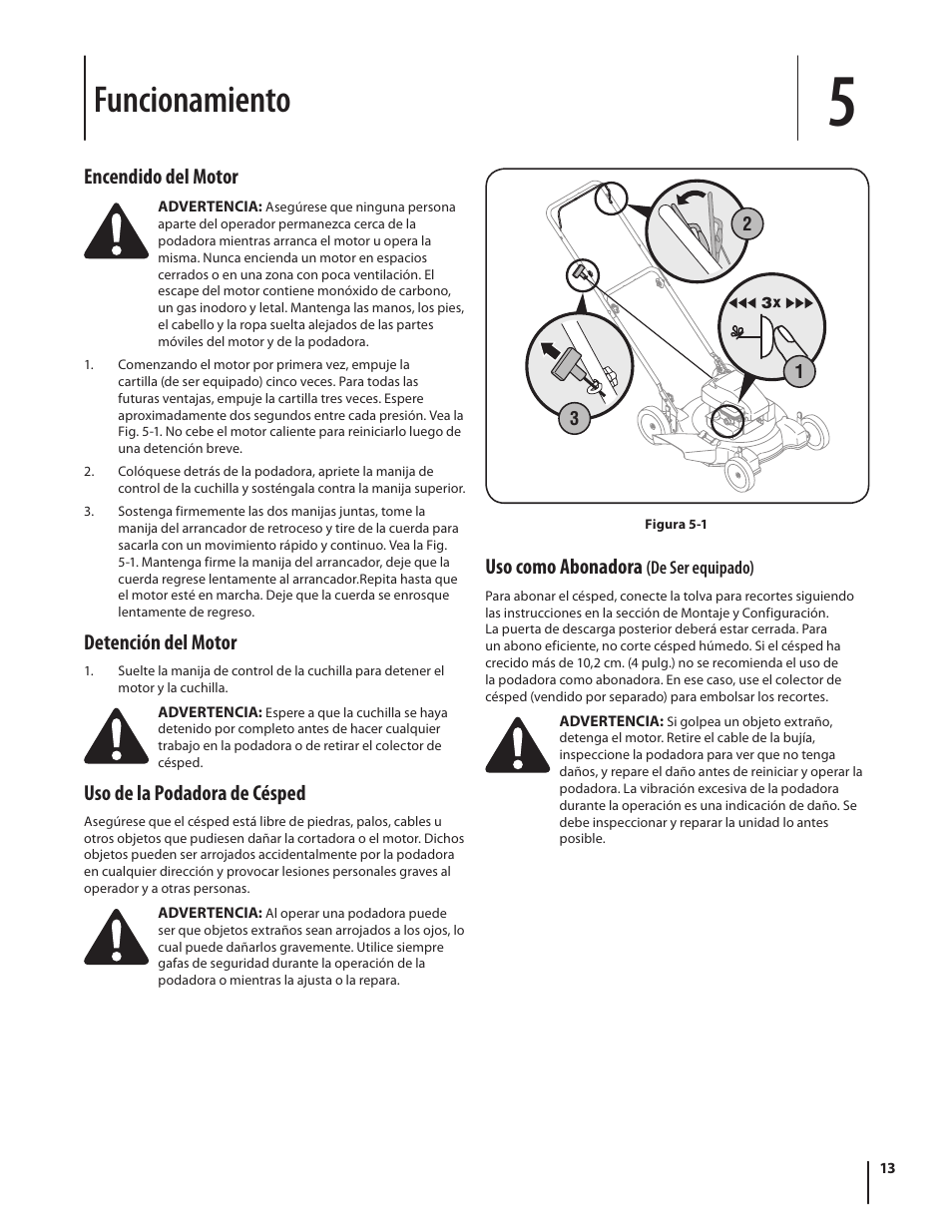 Funcionamiento, Encendido del motor, Detención del motor | Uso de la podadora de césped, Uso como abonadora | MTD Series 080 User Manual | Page 33 / 40