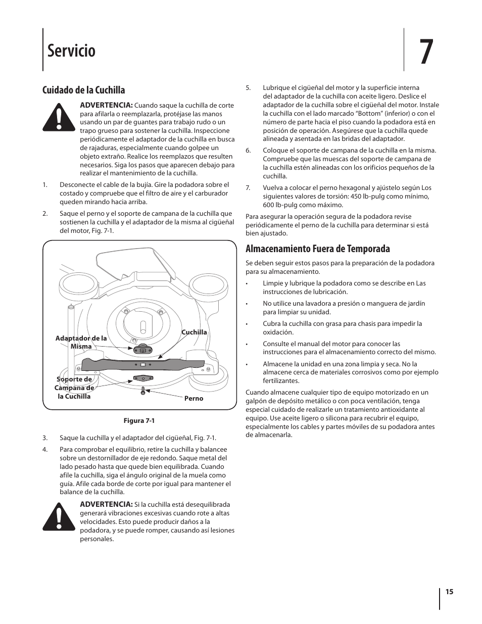 Servicio, Almacenamiento fuera de temporada, Cuidado de la cuchilla | MTD Series 080 User Manual | Page 35 / 40