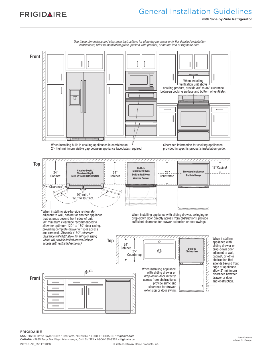 General installation guidelines, Front top front | FRIGIDAIRE FGBD2438PB User Manual | Page 4 / 7
