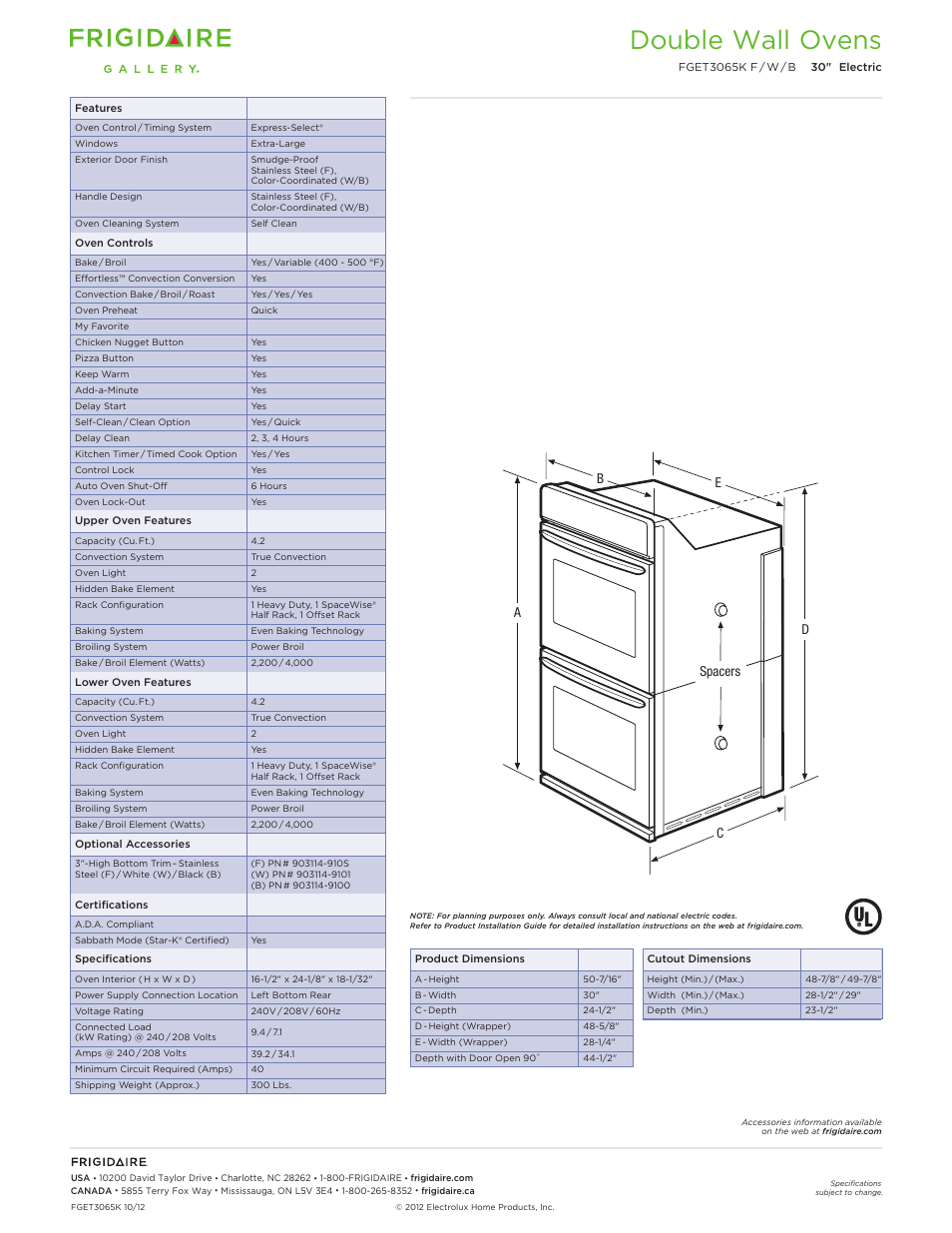 Double electric wall ovens frigidaire baseline, Double wall ovens | FRIGIDAIRE FGET3065KW User Manual | Page 2 / 6