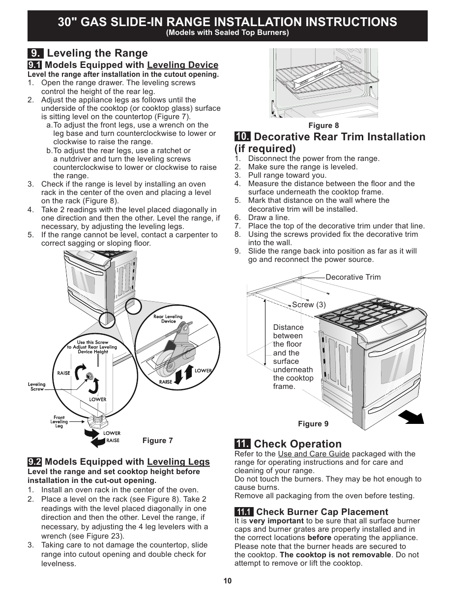 30" gas slide-in range installation instructions, Leveling the range, Decorative rear trim installation (if required) | Check operation | FRIGIDAIRE FGGS3065PF User Manual | Page 10 / 44